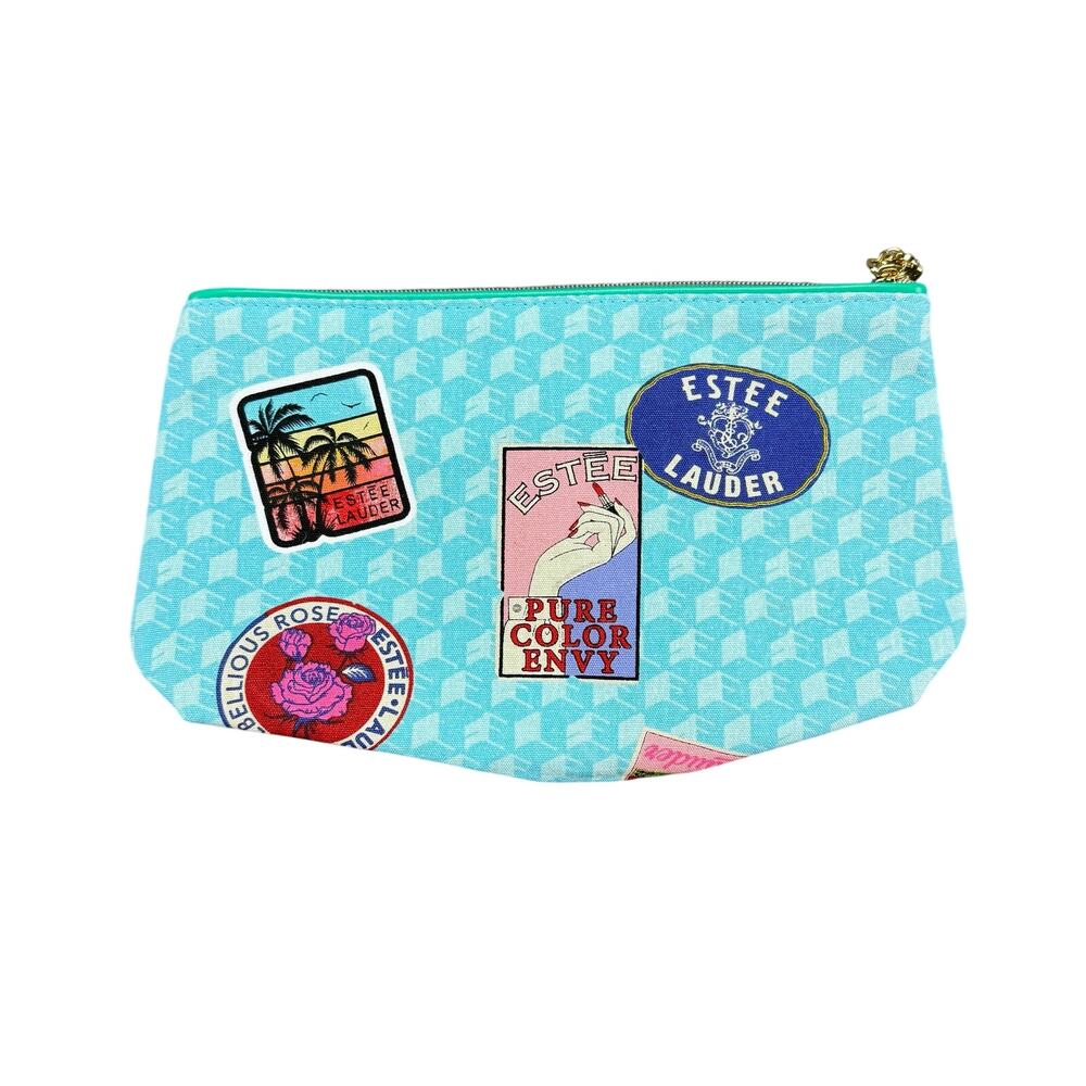 Estée‎ Lauder Cosmetic Makeup Bag Blue with Various Sticker like Designs